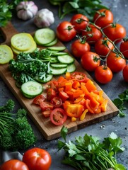 Obraz na płótnie Canvas A close-up of fresh, organic vegetables arranged neatly on a cutting board.