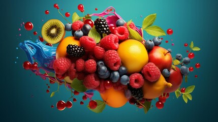 Bold and creative fruitthemed poster, highlighting various berries with dynamic shapes and vivid colors for a fresh look