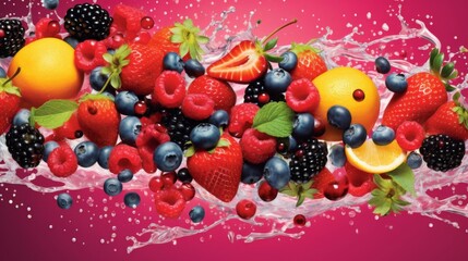 Bold and creative fruitthemed poster, highlighting various berries with dynamic shapes and vivid colors for a fresh look - obrazy, fototapety, plakaty