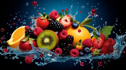 Bold and creative fruitthemed poster, highlighting various berries with dynamic shapes and vivid colors for a fresh look - obrazy, fototapety, plakaty
