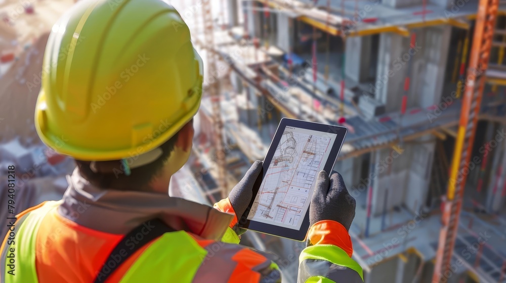 Poster smart construction project management system engineer with digital tablet on site