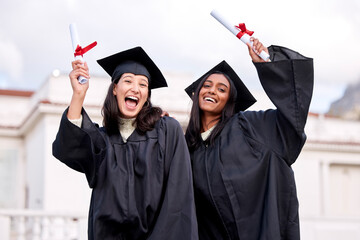 Women, friends and graduation with certificate, portrait or cheers for support, goals and education at college. Girl, students and happy with diploma for achievement, success or celebration at campus