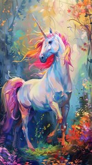 Capture mystical creatures such as unicorns and dragons in vibrant acrylic colors, set in dreamy impressionist gardens with soft, blurred backgrounds