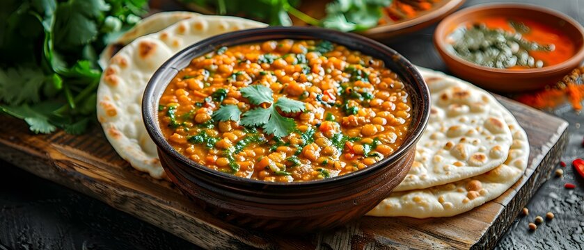Top view of vegetarian Indian dinner with lentil dhal and paratha flatbread. Concept Food Photography, Vegetarian Meal, Indian Cuisine, Lentil Dhal, Paratha Flatbread