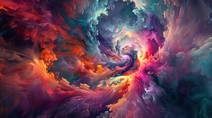 Capture the dynamic essence of a psychedelic explosion in an abstract art piece, combining vivid hues and swirling patterns for a VR experience like no other, with unexpected camera angles to enhance - obrazy, fototapety, plakaty