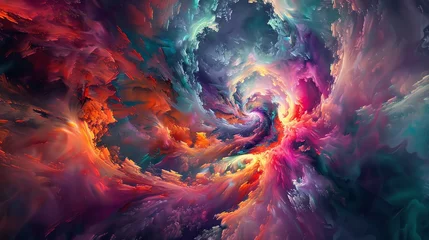 Fotobehang Capture the dynamic essence of a psychedelic explosion in an abstract art piece, combining vivid hues and swirling patterns for a VR experience like no other, with unexpected camera angles to enhance © 4016Studio