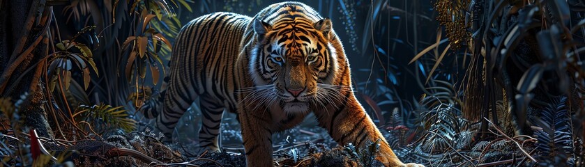 Majestic tiger in dense jungle, hidden observer perspective, dusk light, eye-level view, 