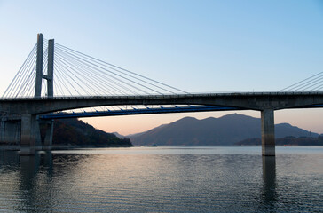 View of the suspension bridge on the lake