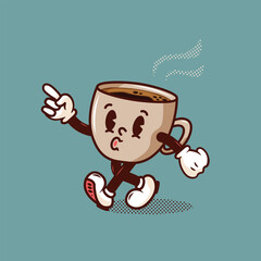 Retro cartoon coffee mug character. Groovy mascot.