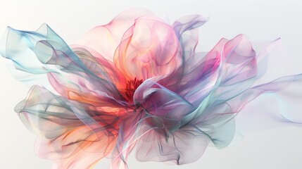 A flower made from layers of transparent fabric, their colors bleeding and blending to create an abstract and ethereal bloom, perfect for a bridal wear boutique advertisement.  