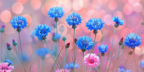 Gorgeous Blue Cornflowers Glistening in Field under Pink and Blue Lights, Stunning HD Wallpaper Scene - obrazy, fototapety, plakaty