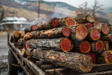 mahogany logs lie on an old wooden cart. with a house and mountains in the background