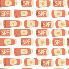 Sun safety seamless pattern. Tubes and bottles of sunscreen products with different SPF: cream, lotion, lipstick, spray. Hand drawn summer cosmetic and different sun glasses. Skin protection.