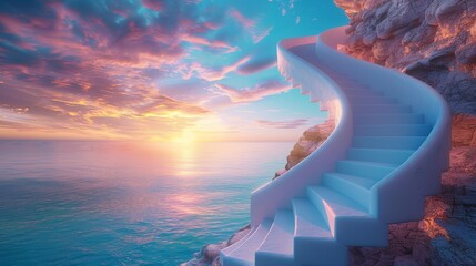 A dreamlike image of a spiral staircase made of smooth, white stones, winding down from a clifftop into a calm, turquoise sea at sunset, with the sky ablaze with color.  