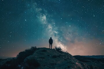 a person standing on top of a hill under a night sky