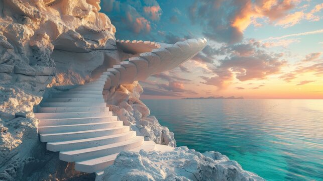 A dreamlike image of a spiral staircase made of smooth, white stones, winding down from a clifftop into a calm, turquoise sea at sunset, with the sky ablaze with color.  