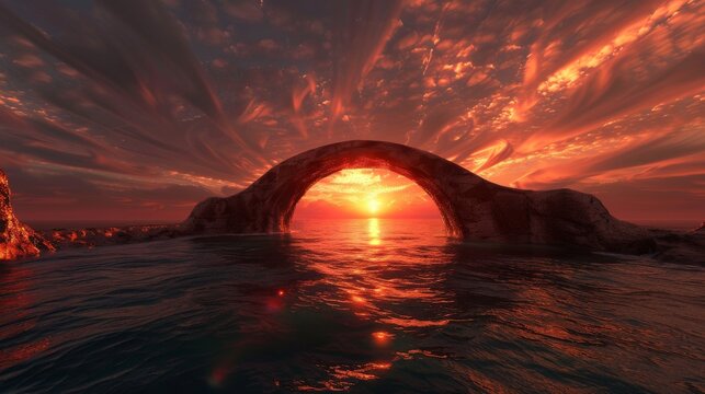 A dreamlike image of a stone bridge, glowing with an ethereal light, arching over a calm sea at sunset, with wispy clouds swirling across the fiery sky. 