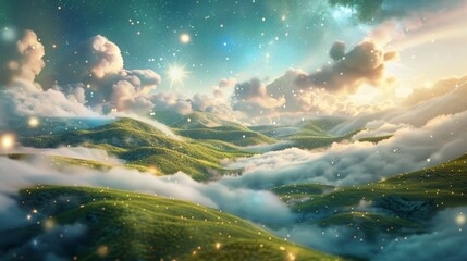 A dreamlike landscape with rolling hills made of clouds and a sky filled with swirling stars, creating a whimsical and otherworldly background, perfect for a fantasy novel cover. 