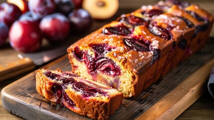 Rustic plum cake on wooden background with plums around. Plum pie concept
