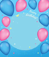 Vector colorful festive holiday balloons frame with multicolored stars with text Happy Birthday on a blue background. Holiday Birthday card template banner background design