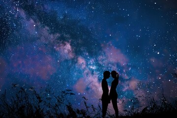 two people standing in front of a night sky