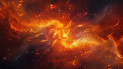 A fiery nebula in deep space, its swirling gases and glowing stars creating an abstract dance of celestial fire, suitable for an astronomy book cover.   - obrazy, fototapety, plakaty