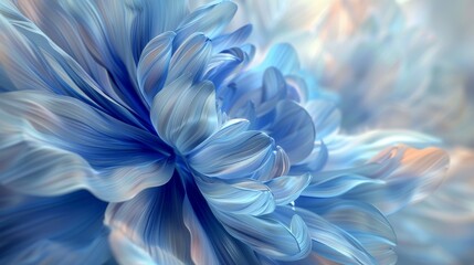 A flower composed of brushstrokes in varying shades of blue, resembling a watercolor painting in motion, creating an abstract and calming composition, suitable for a spa advertisement.  
