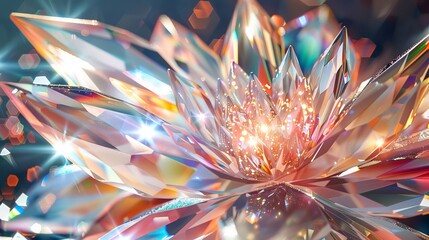 A flower made entirely of colorful crystals, their sparkling facets catching the light and creating an abstract and luxurious bloom, ideal for a jewelry brand advertisement.  