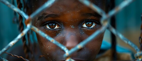 African girl in tattered clothes gazes through wire fence in poverty. Concept Poverty, African Girl, Tattered Clothes, Gazing Through Fence, Emotive Portrait