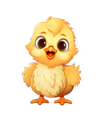 Fototapeta premium Adorable cartoon chick with big expressive eyes and a fluffy yellow body, designed in a vibrant, child-friendly style. Generative AI