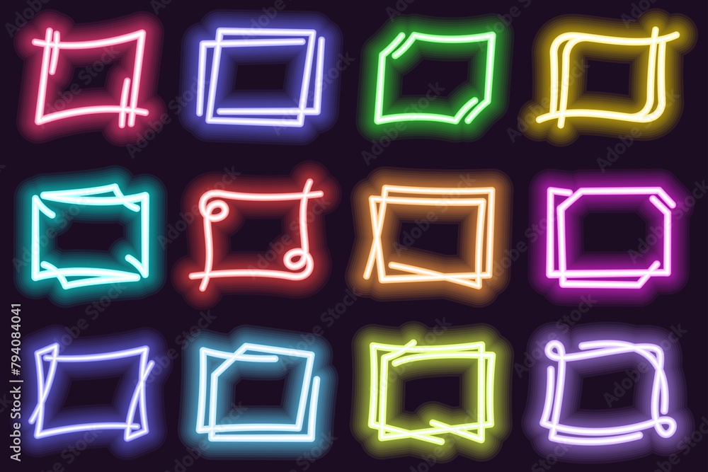 Poster abstract linear rectangle neon frames. glowing borders set in different color, vibrant shining frame
