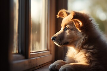 Poignant image of a puppy with its back to the camera, peering out a window, evoking feelings of waiting and hopefulness