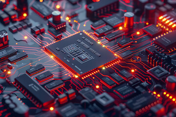 Get up close to cutting-edge technology with a detailed shot of a storage chip on a circuit board against a striking blue background. - obrazy, fototapety, plakaty