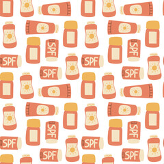 Sun safety seamless pattern. Tubes and bottles of sunscreen products with different SPF: cream, lotion, lipstick, spray. Hand drawn summer cosmetic and different sun glasses. Skin protection.