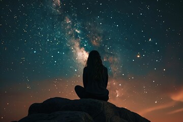 a woman sitting on top of a rock under a night sky filled with stars - obrazy, fototapety, plakaty