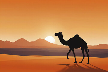 Silhouette of camel in desert at sunset. Vector illustration.