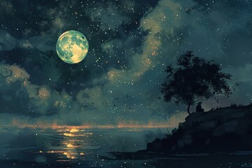 a painting of a full moon over a body of water