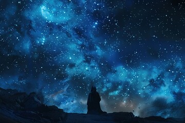 a man standing on top of a mountain under a night sky filled with stars