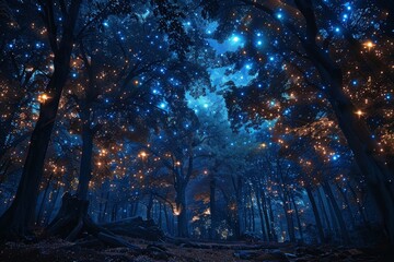 a forest filled with lots of trees covered in stars