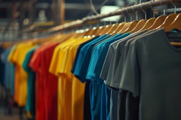 Fototapeta premium Close up of colorful t-shirts on hangers for man, apparel background. Variety of colors of mens t-shirts. Gray, black, white, olive, green, blue, burgubdy. High quality photo