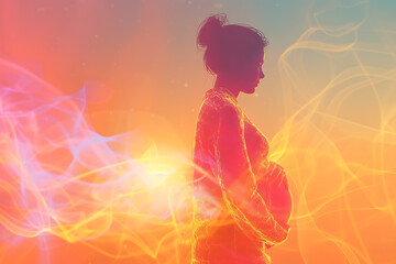 A captivating wireframe visualization against a glowing translucent background, featuring a pregnant woman embodying maternal beauty and grace.