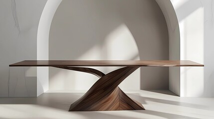 Wooden table in empty room with arches and sunlight, Generative AI illustrations.