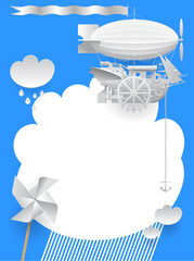 Design of a blue and white page steampunk template with a paper propeller, clouds and a complex fantastic flying ship. Vector illustration