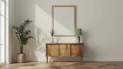 Interior of modern living room with white walls, wooden floor, wooden chest of drawers and vertical mock up poster frame, Generative AI illustrations.