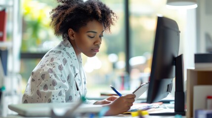 Female intern medical doctor scientist working in contemporary office writing down neurophysiology science data in a clipboard