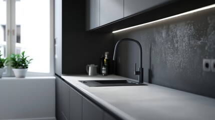 Fototapeta premium Modern marble table kitchen with clean faucet sink and minimalist furniture cupboards, with natural lighting from the kitchen glass window.