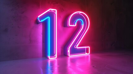 pink and blue neon light number 12 glowing in the dark 3d render of birthday or anniversary concept