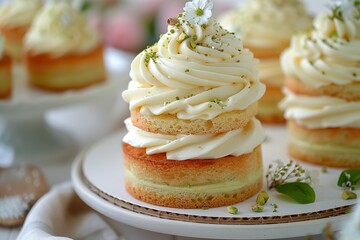 Raw vegan pistachio carrot cake with cashew cream layers from above on concrete table