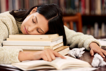 University, books and woman sleeping at campus library for research, project or homework burnout....