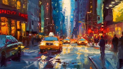 City Street Impressionist Scene with Vibrant Colors and Lively Atmosphere at Sunset